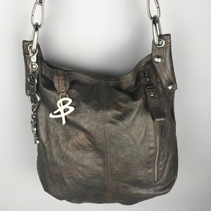 B Makowsky Metallic Gray Handbag 100% soft Leather